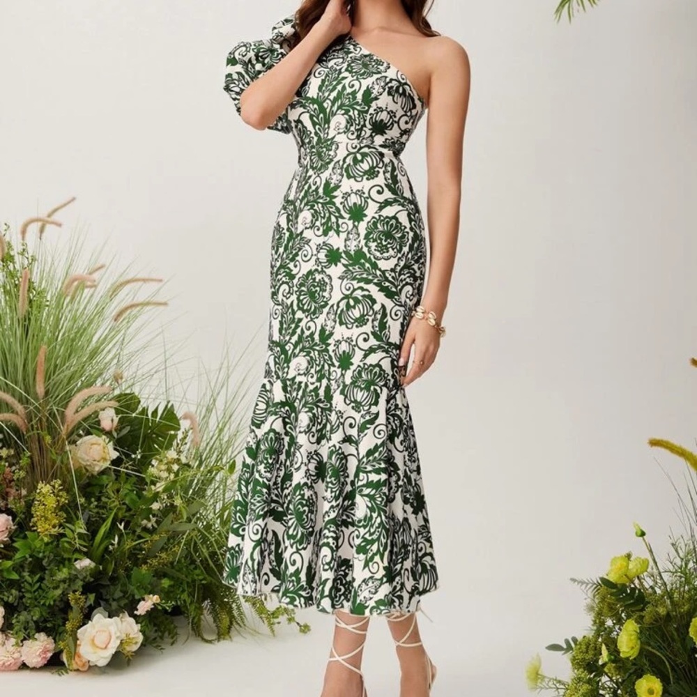 SHEIN Green and White One Shoulder Dress